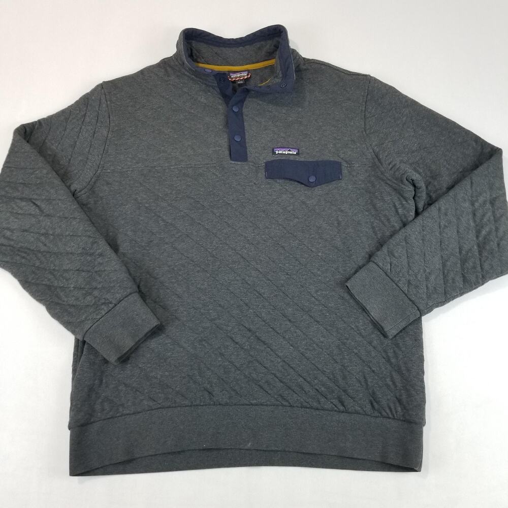 Patagonia Pullover Mens Large Gray Navy Snap-T Quilted P-6 Organic Cotton